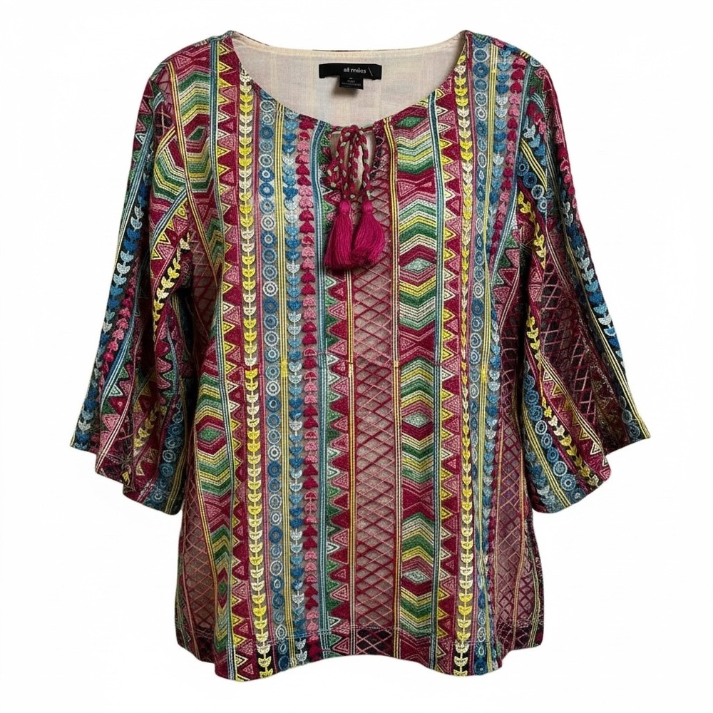 Ali Miles Embroidered Tassel Tunic Top Women PL Colorful Geometric Boho Festival